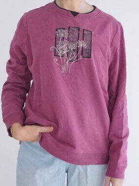 Breckenridge Berry Beaded Floral Black Trim Statement Sweatshirt Embellished L